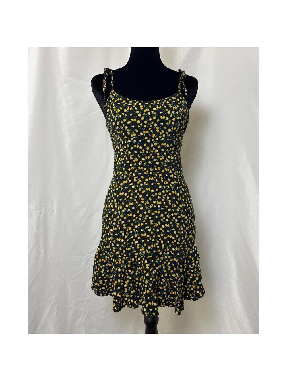 Wild Fable Black Lemon Print Mini Dress Tie Strap Ruffle Hem Cutout Back XS